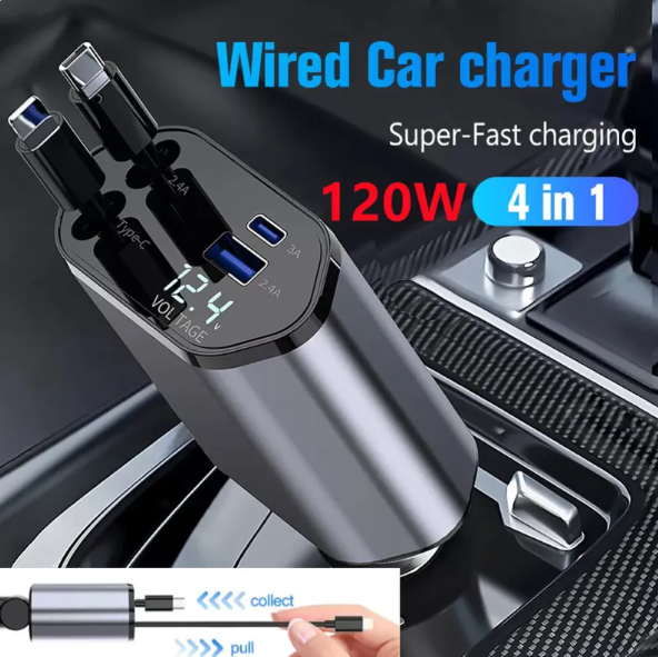 120W Dual-Port Car Charger with Retractable Cables
